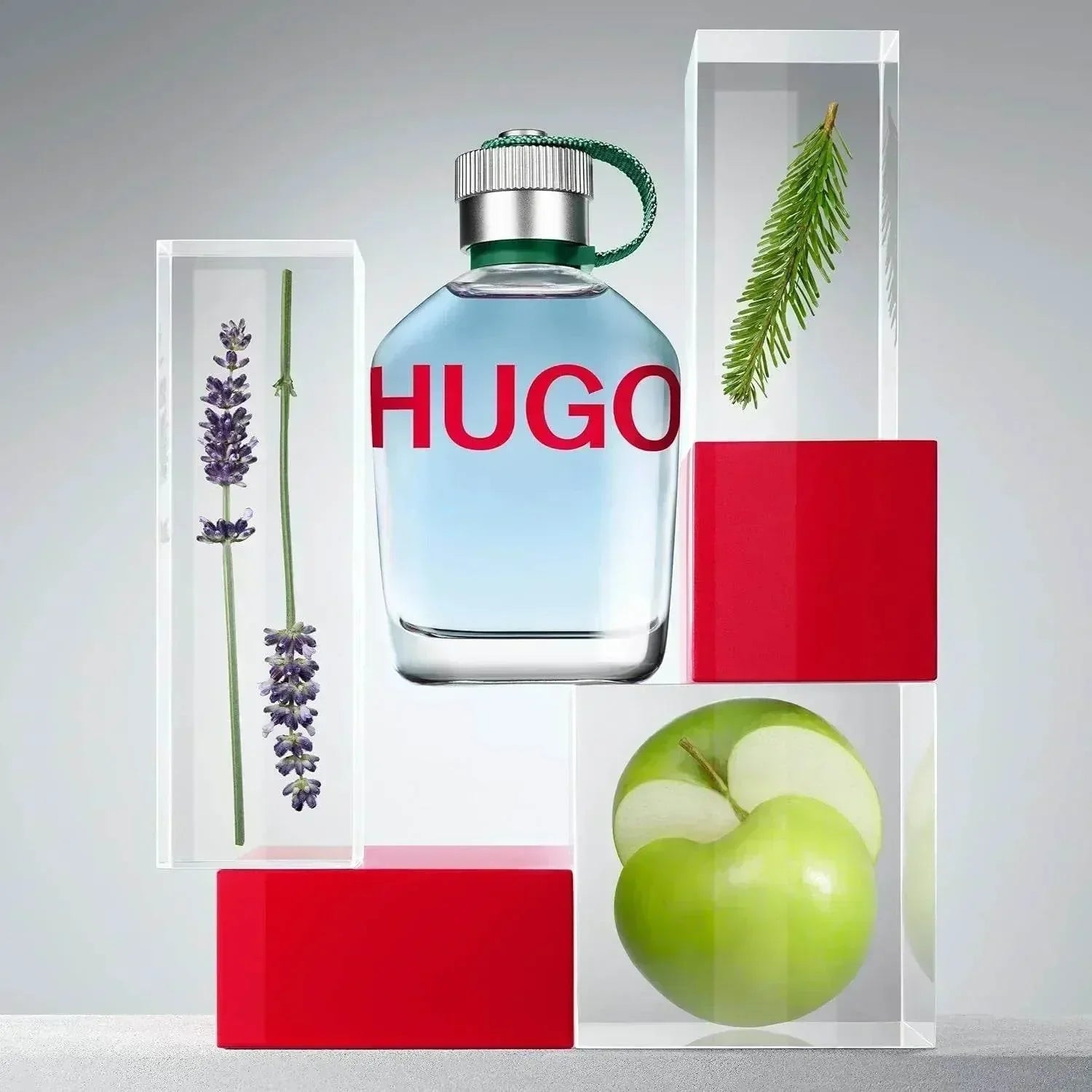 Hugo Boss Hugo fragrance bottle with lavender, apple, and pine elements