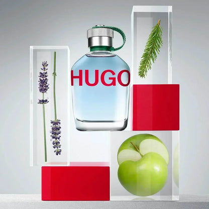 Hugo Boss Hugo fragrance bottle with lavender, apple, and pine elements