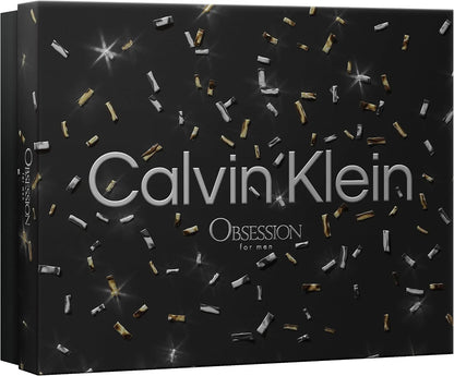 Calvin Klein Obsession for men fragrance box in black with silver and gold metallic confetti details and white text.