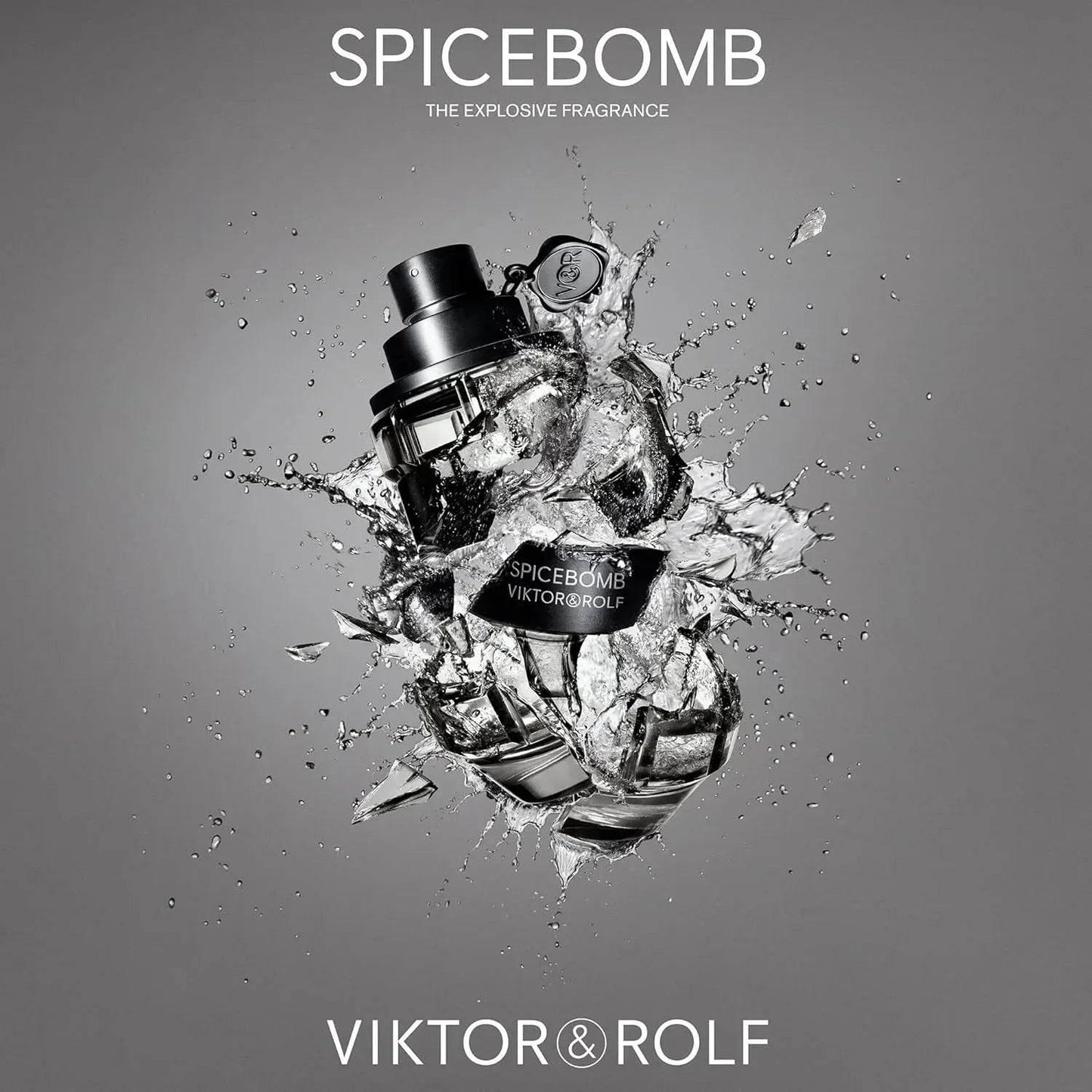 Viktor & Rolf Spicebomb perfume bottle bursting through glass with water splash effects