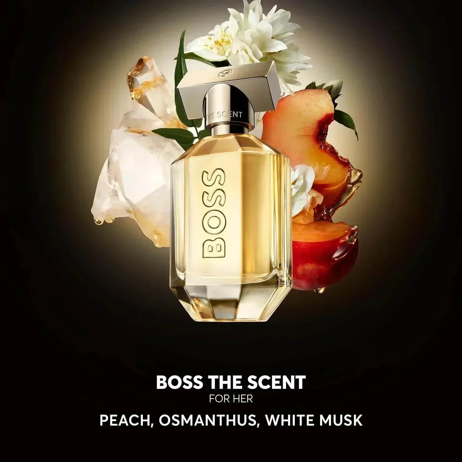 BOSS The Scent For Her Eau de Parfum bottle with peach and white flower accents