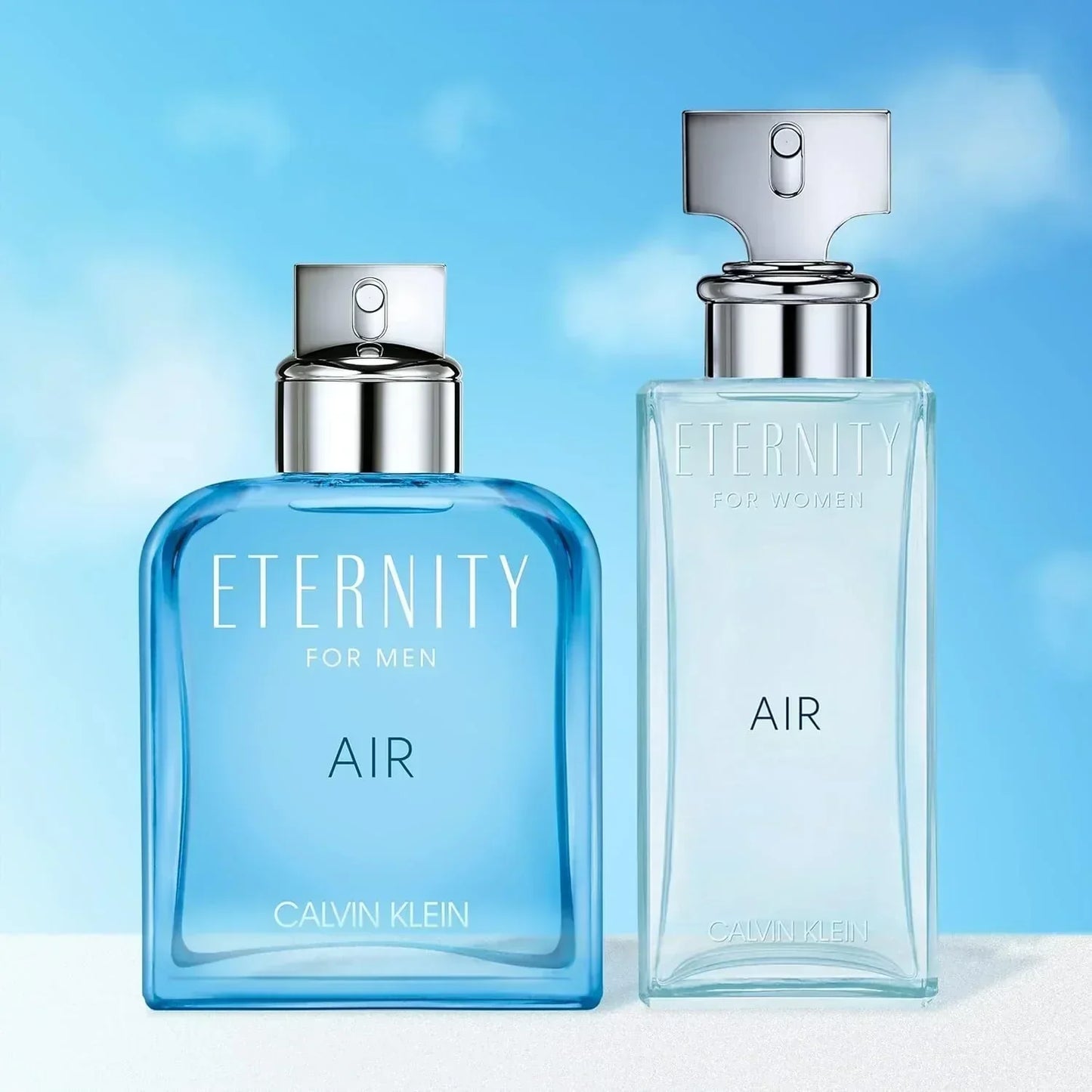 Calvin Klein Eternity Air for Men and Women fragrance bottles side by side