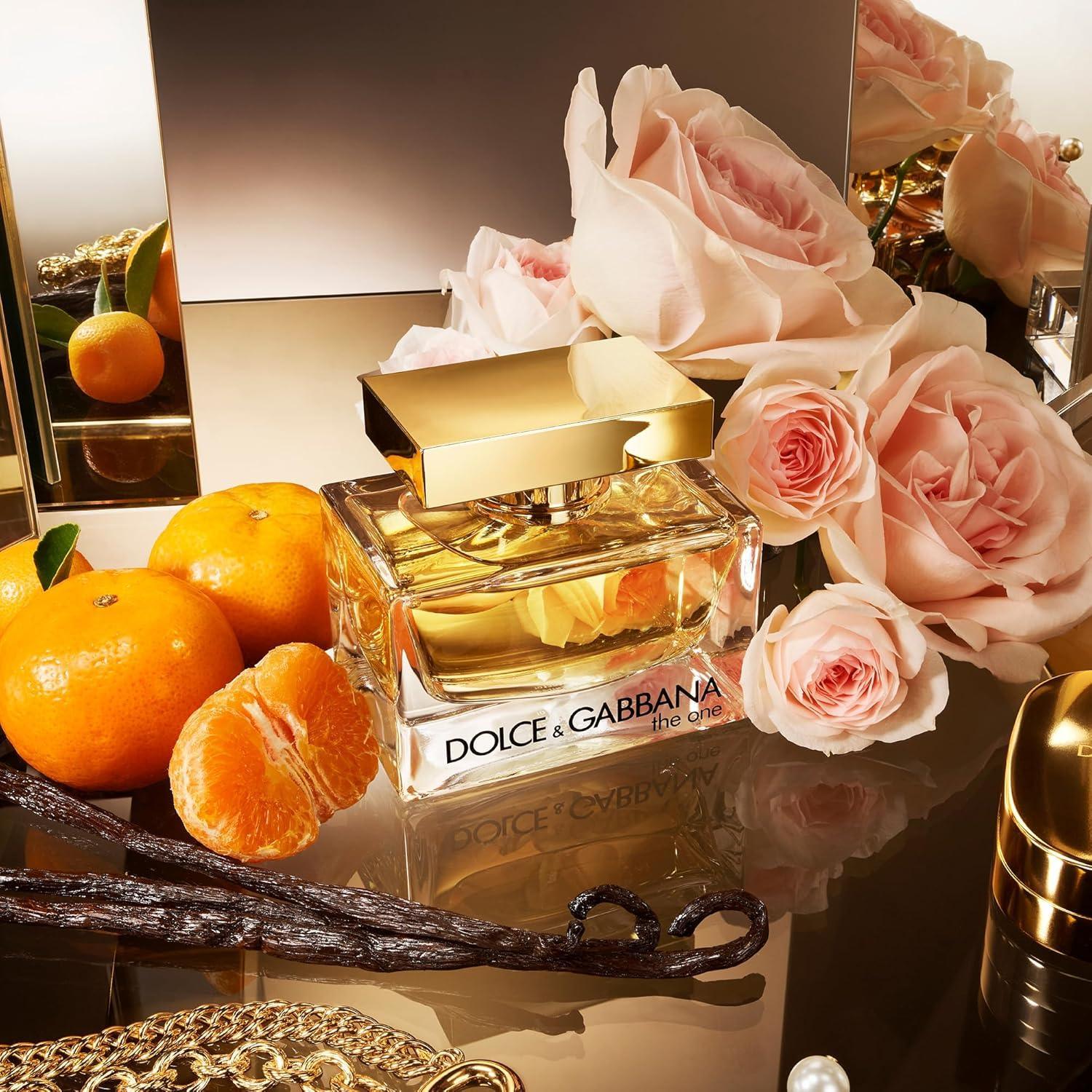 Dolce & Gabbana The One Eau de Parfum bottle with pink roses and oranges