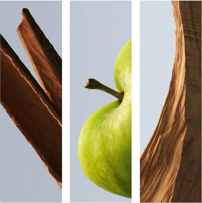 Cinnamon sticks, green apple, and wood texture triptych