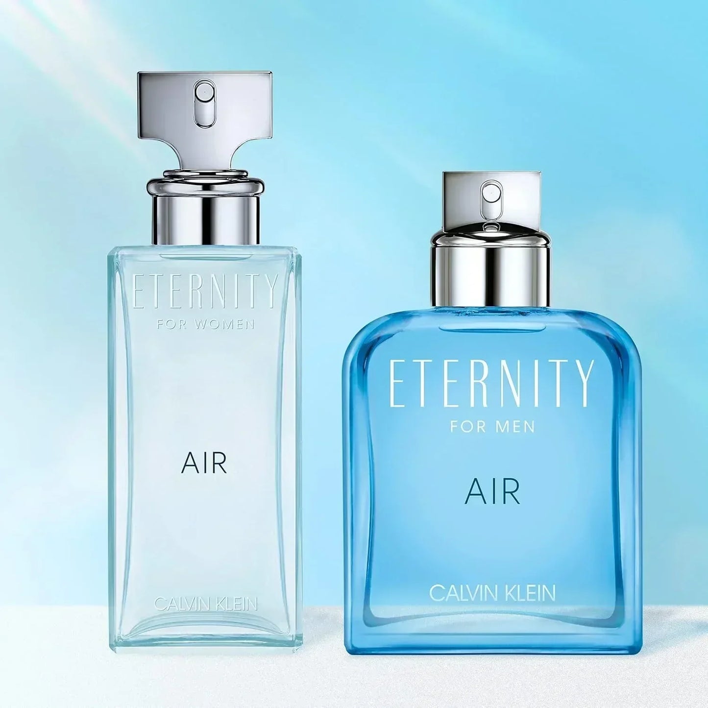 Calvin Klein Eternity Air for Women and Men fragrance bottles side by side