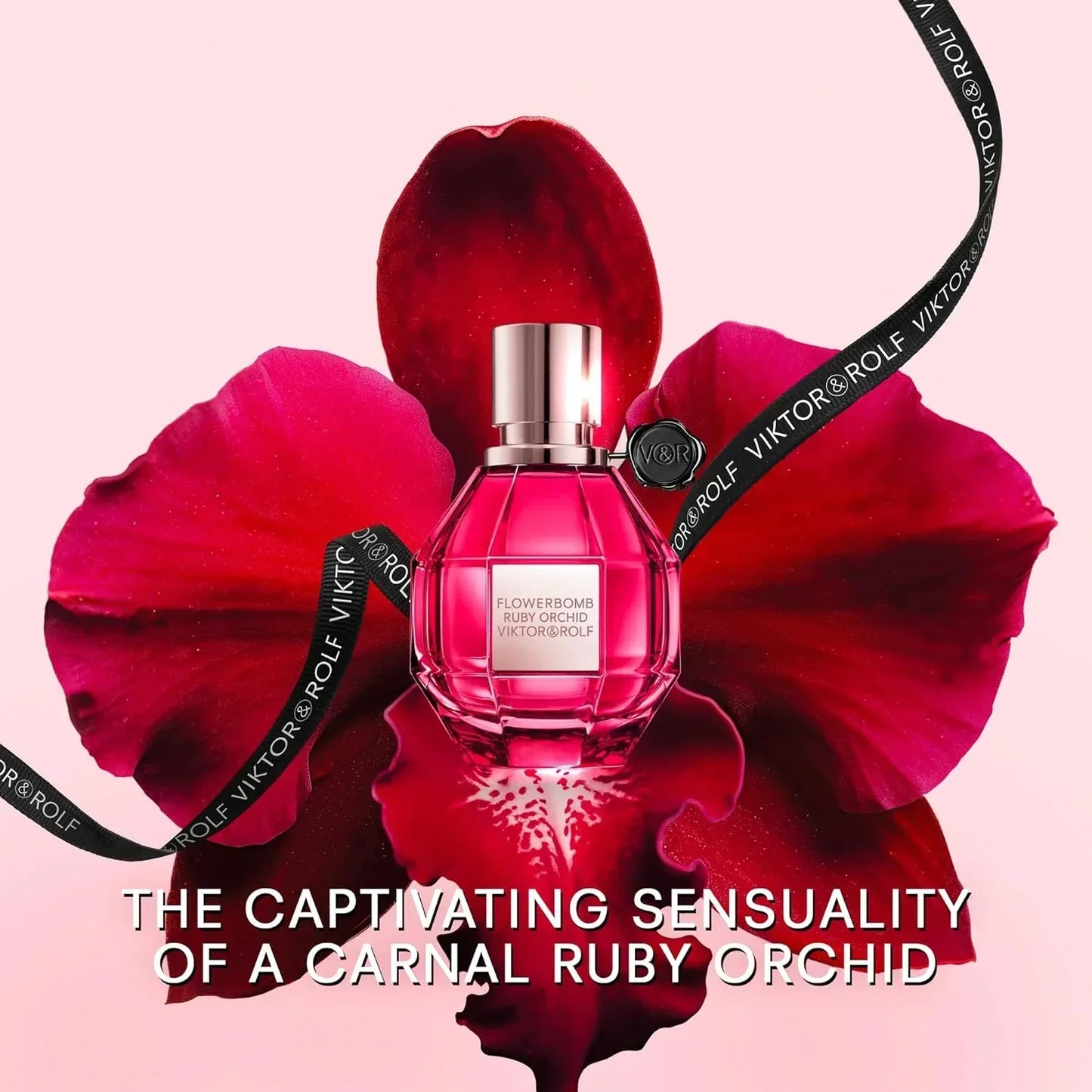Viktor&Rolf Flowerbomb Ruby Orchid Eau de Parfum bottle with ribbon and petals