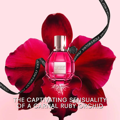 Viktor&Rolf Flowerbomb Ruby Orchid Eau de Parfum bottle with ribbon and petals