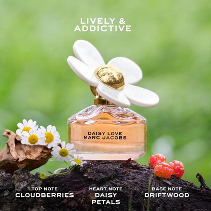 Marc Jacobs Daisy Love Eau de Toilette 50ml fragrance bottle with daisy cap on wood