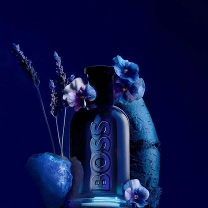 BOSS Bottled Night Eau de Toilette fragrance bottle with blue flowers and crystals