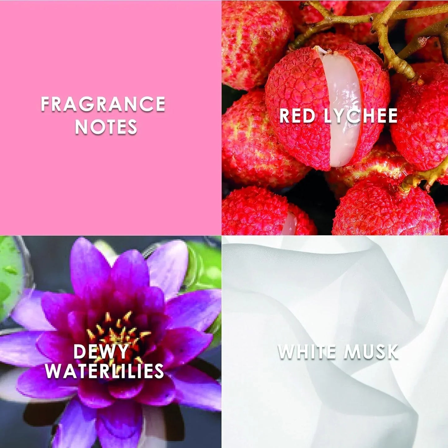 Fragrance notes: red lychee, dewy waterlilies, white musk