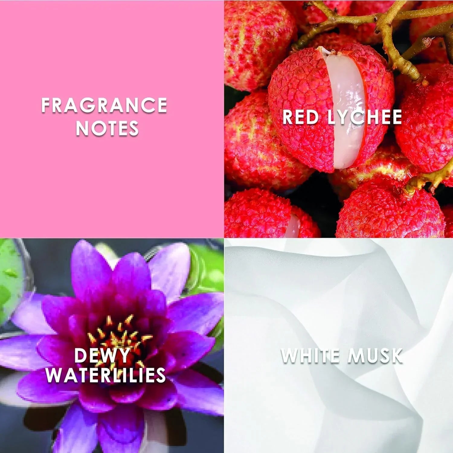Fragrance notes: red lychee, dewy waterlilies, white musk