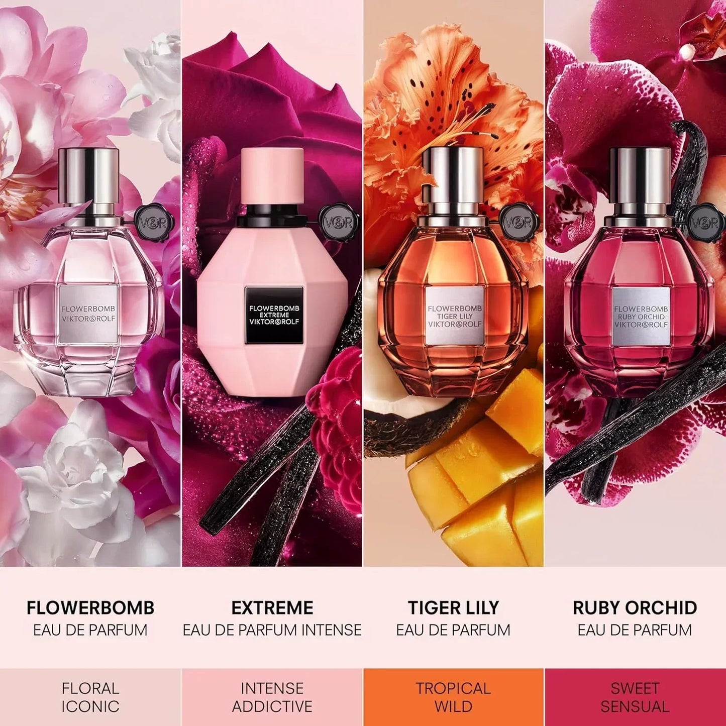Viktor&Rolf Flowerbomb Eau de Parfum collection with four variants and floral backgrounds