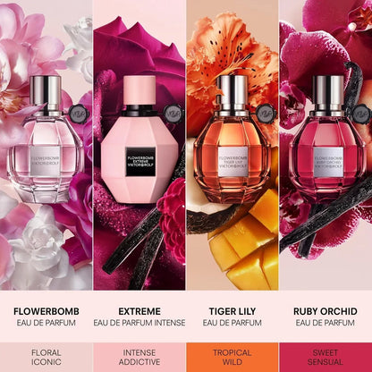 Viktor&Rolf Flowerbomb Eau de Parfum collection with four variants and floral backgrounds