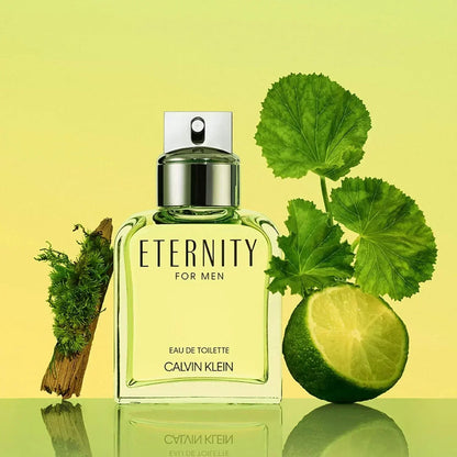 Calvin Klein Eternity for Men Eau de Toilette fragrance bottle with lime and green leaves