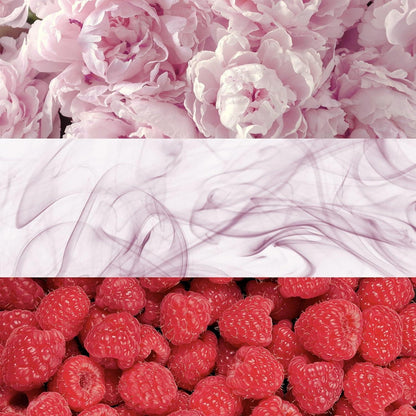Pink peonies, swirling scent, and fresh raspberries visual composition