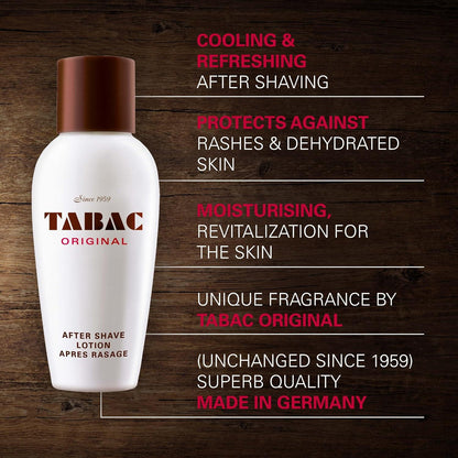 Tabac Original after shave lotion bottle with product features on a wooden background