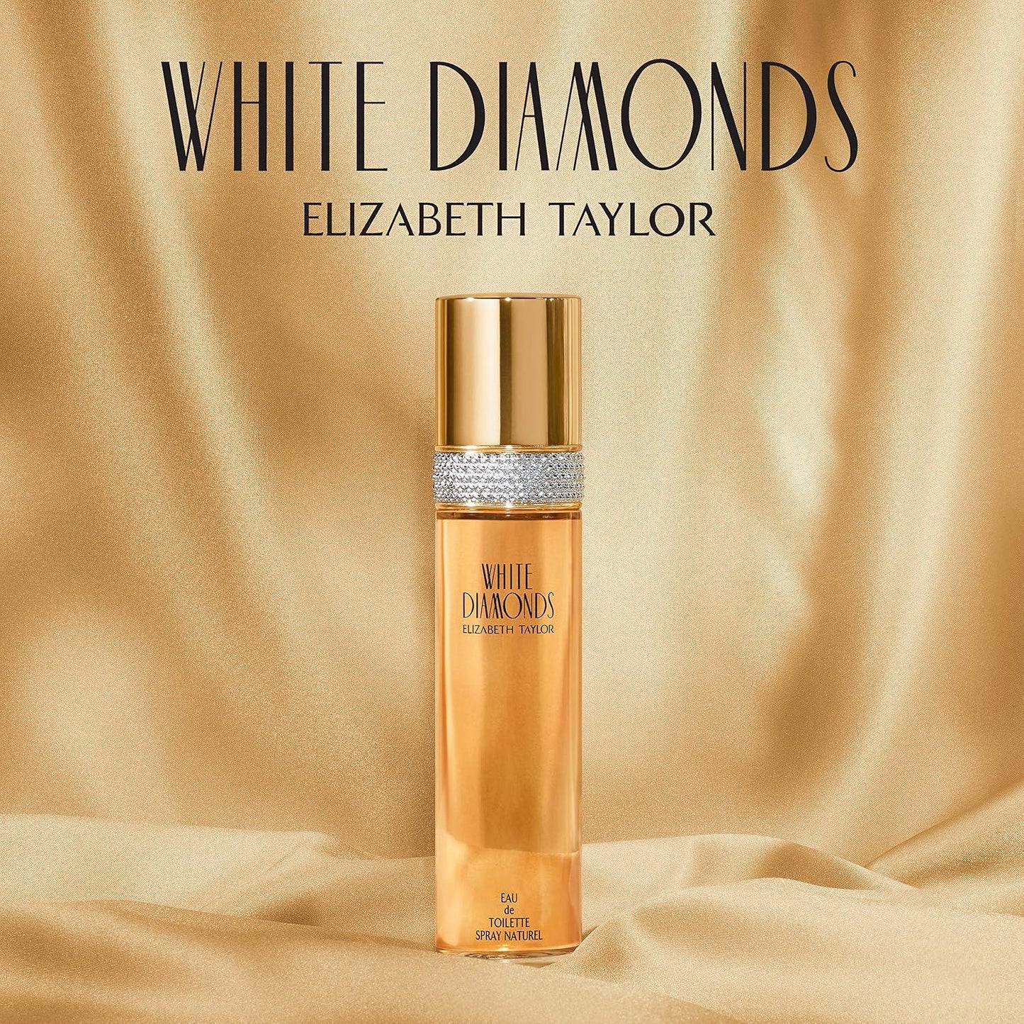 Elizabeth Taylor White Diamonds perfume bottle on a beige fabric background