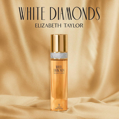 Elizabeth Taylor White Diamonds perfume bottle on a beige fabric background