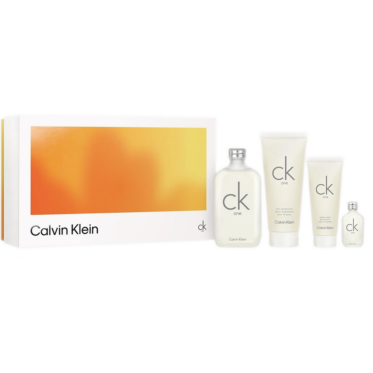 Calvin Klein 4 pieces gift set CK One 200ml EDT Spray / 200ml Skin Moisturizer / 100ml Body Wash / 15ml EDT Spray