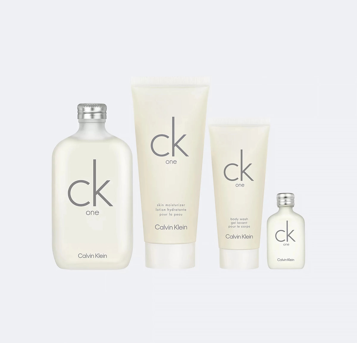 Calvin Klein 4 pieces gift set CK One 200ml EDT Spray / 200ml Skin Moisturizer / 100ml Body Wash / 15ml EDT Spray