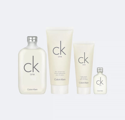 Calvin Klein 4 pieces gift set CK One 200ml EDT Spray / 200ml Skin Moisturizer / 100ml Body Wash / 15ml EDT Spray