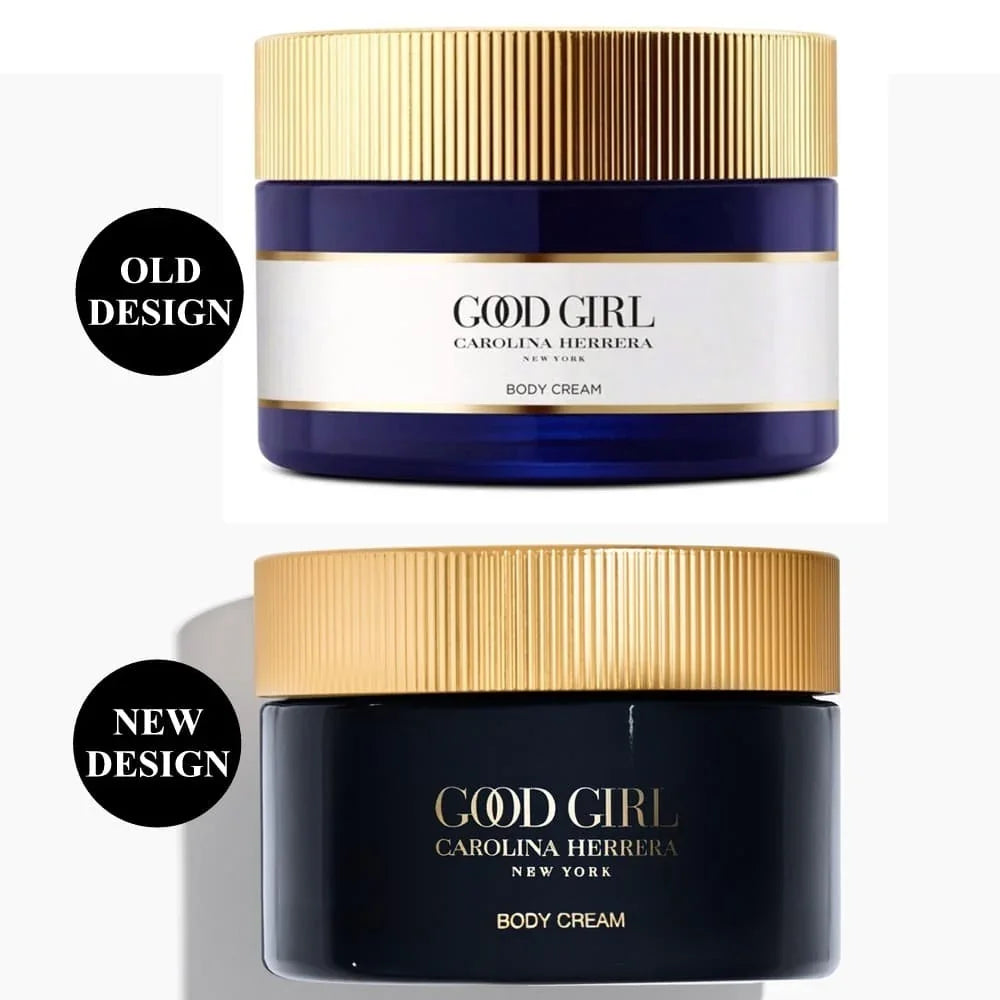 Two jars of Carolina Herrera Good Girl Body Cream shown side by side to illustrate the old and new designs. The top jar has a white label with gold trim, and the bottom jar has a dark navy blue label with gold trim.