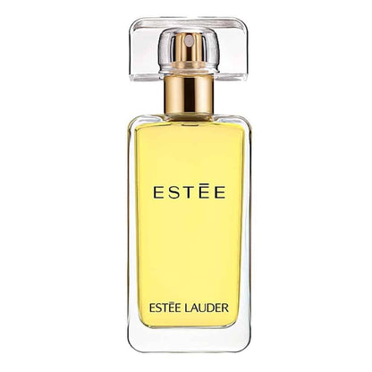 Estée Lauder perfume bottle with yellow liquid on a white background