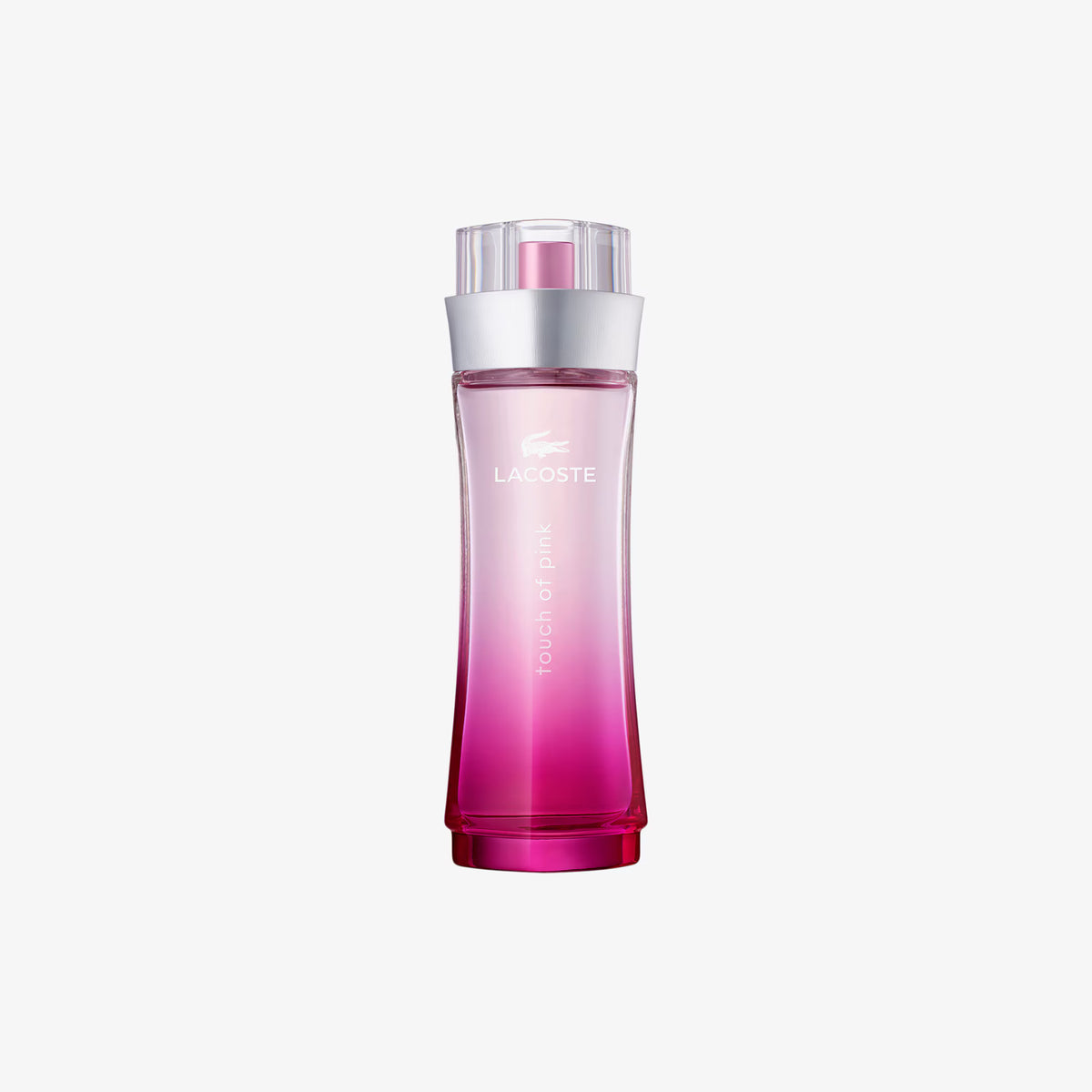 Lacoste Wild Raspberry Eau de Toilette bottle with a pink gradient design, silver collar, and clear cap, centered on a light gray background.
