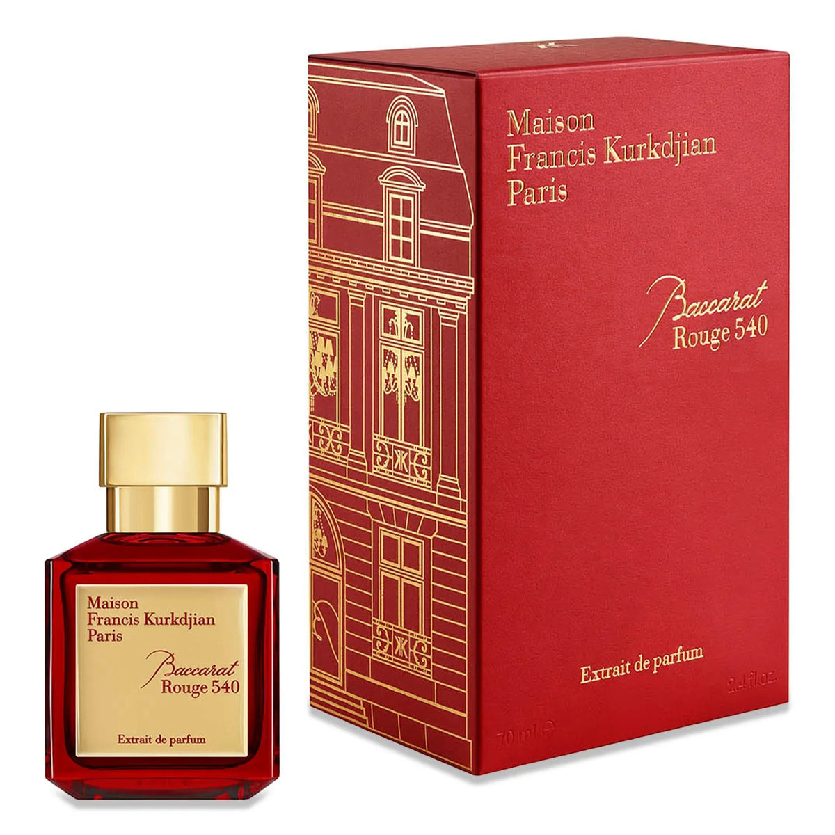 Maison Francis Kurkdjian Baccarat Rouge 540 perfume bottle and packaging on a white background