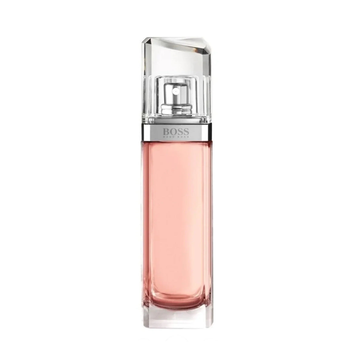 BOSS Long Live perfume bottle with a rectangular glass body filled with pink liquid, a silver metallic collar, and a clear faceted cap, shown on a white background.