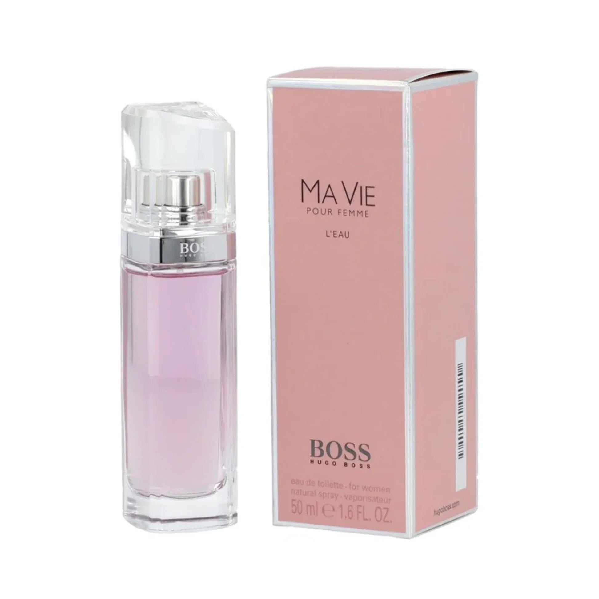 BOSS Ma Vie Pour Femme L'Eau perfume bottle and its pink packaging box, displayed on a clean white background.