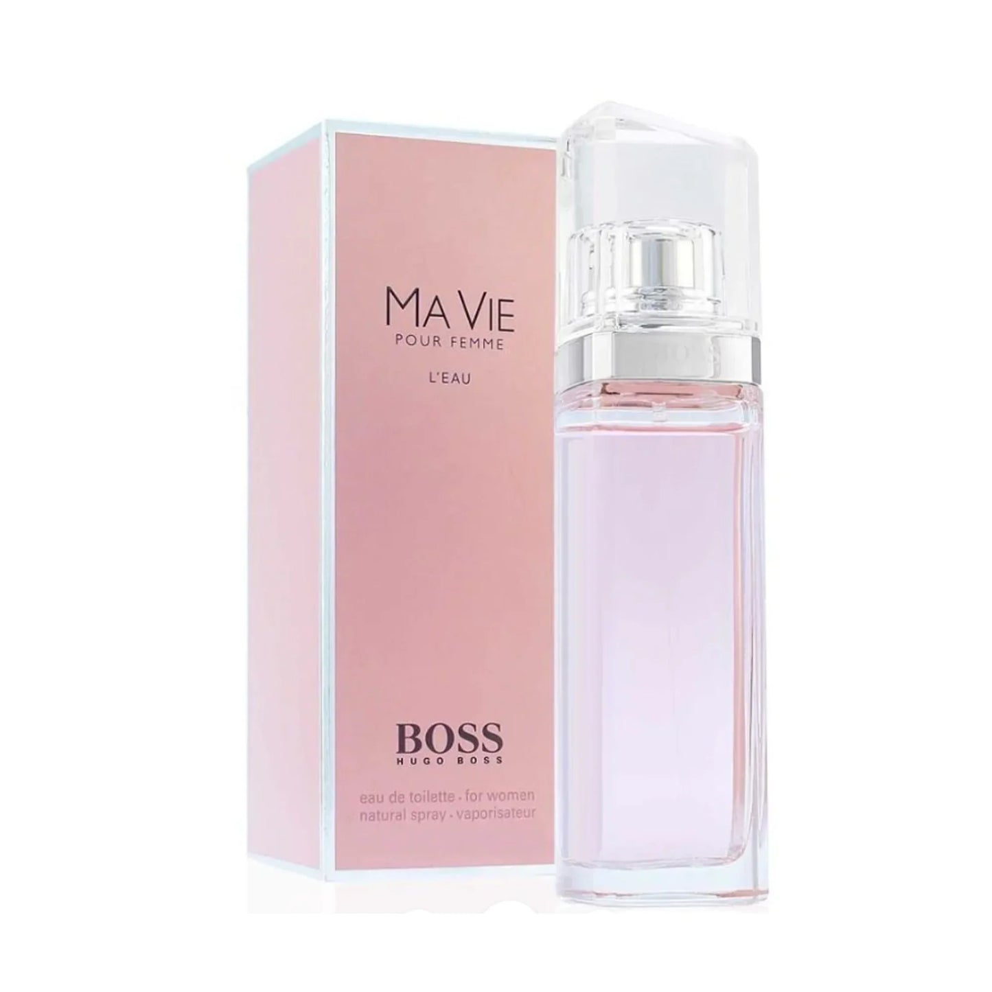 BOSS Ma Vie Pour Femme L'Eau perfume bottle and its pink packaging box, shown on a clean white background.