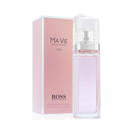 BOSS Ma Vie Pour Femme L'Eau perfume bottle and its pink packaging box, shown on a clean white background.