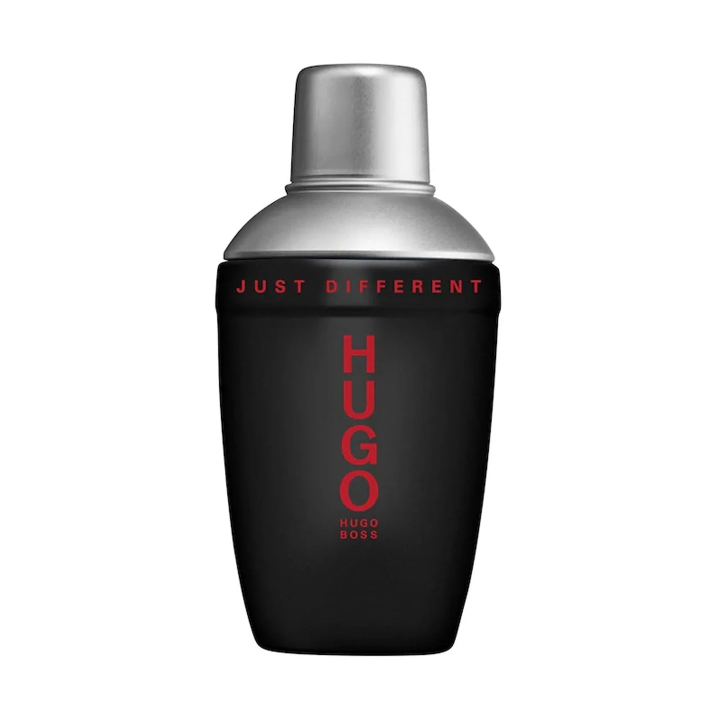Hugo Just Different cologne bottle in matte black with a metallic silver cap and red lettering, shown on a solid white background.  40ml