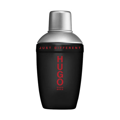 Hugo Just Different cologne bottle in matte black with a metallic silver cap and red lettering, shown on a solid white background.  40ml