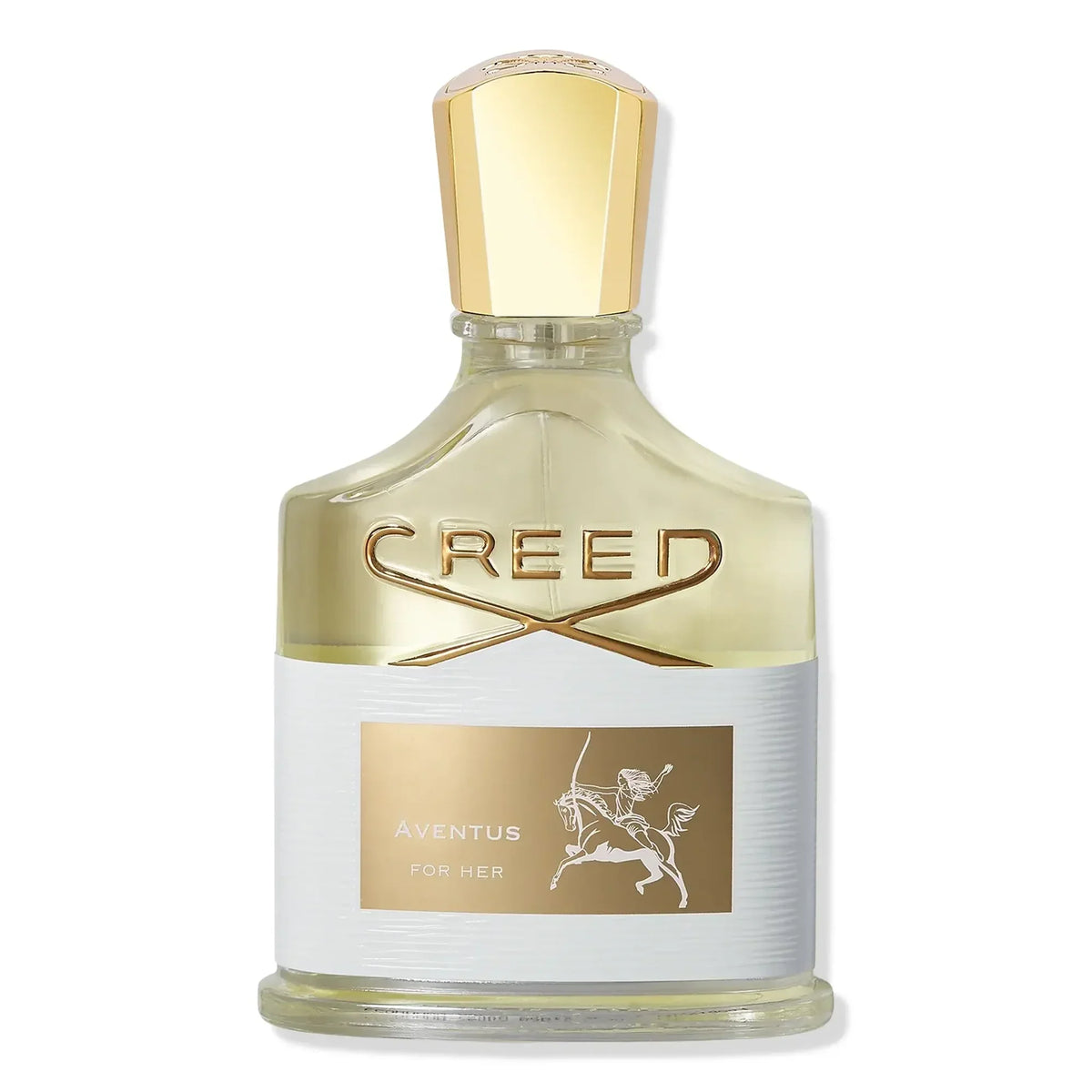 Creed Aventus For Her perfume bottle, featuring a clear glass body with pale gold liquid, a gold faceted cap, and a white and gold label.