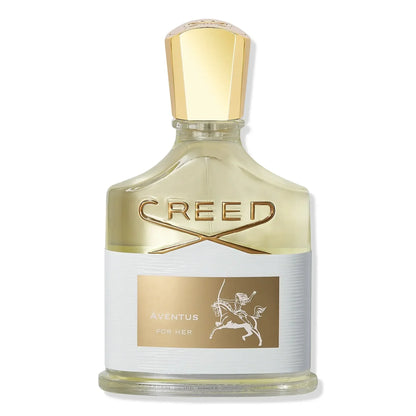 Creed Aventus For Her perfume bottle, featuring a clear glass body with pale gold liquid, a gold faceted cap, and a white and gold label.