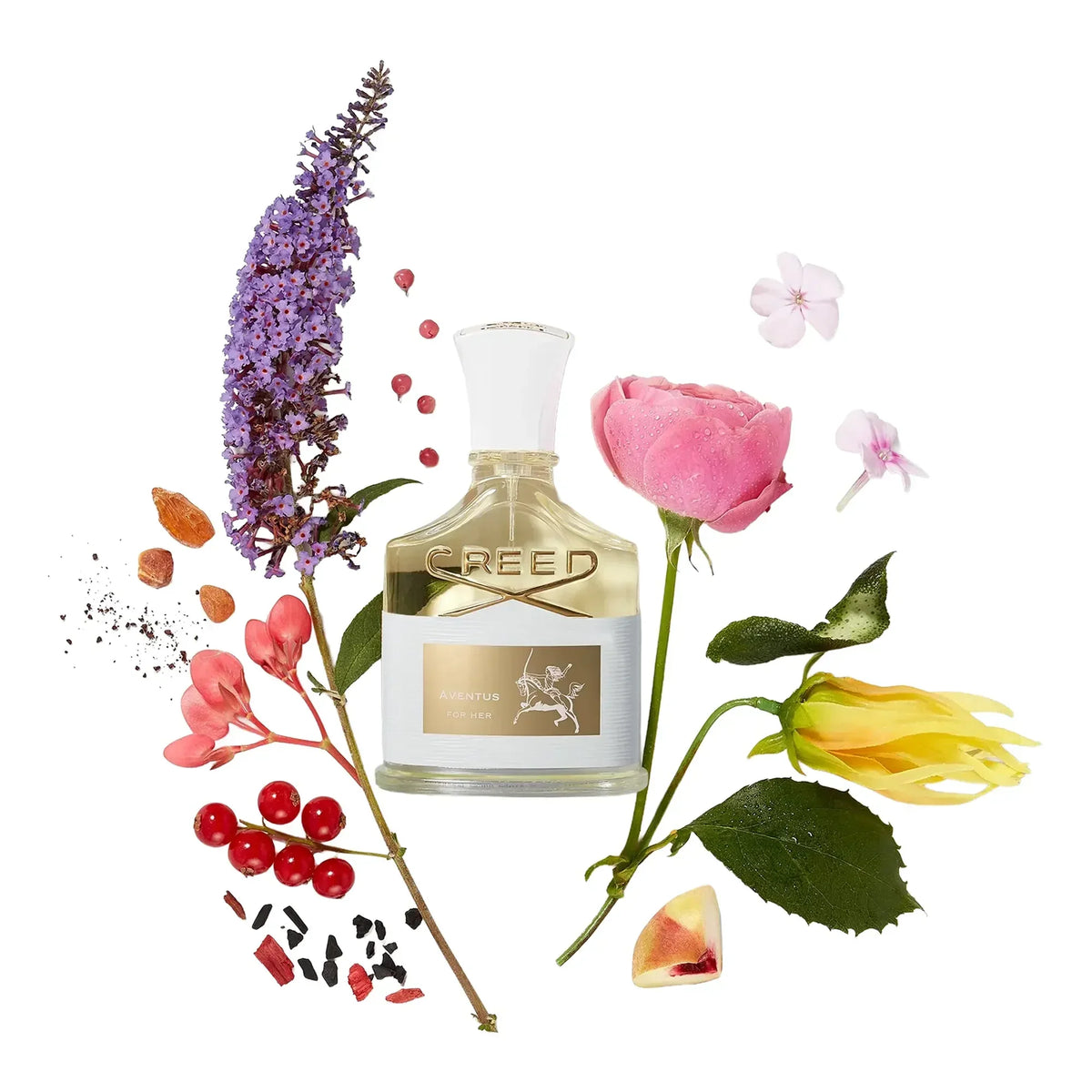 REED perfume bottle surrounded by flowers and leaves on a white background