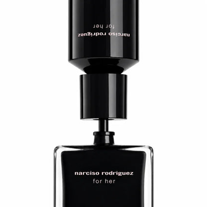 Narciso Rodriguez For Her perfume bottle in a matte black finish, shown with its cap removed and positioned above the bottle against a clean white background.
