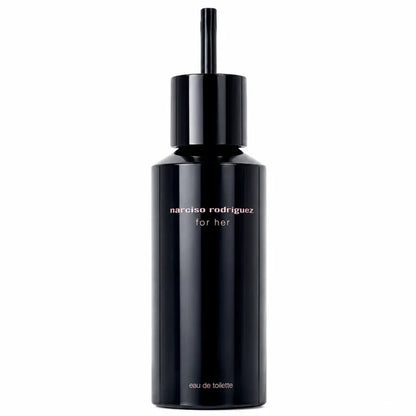 Narciso Rodriguez For Her Eau de Toilette bottle in a glossy black finish with gold lettering, set against a plain white background.