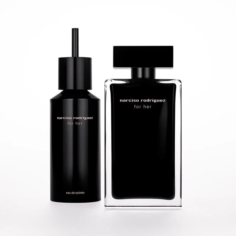 Two black Narciso Rodriguez perfume bottles on a white background