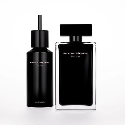 Two black Narciso Rodriguez perfume bottles on a white background