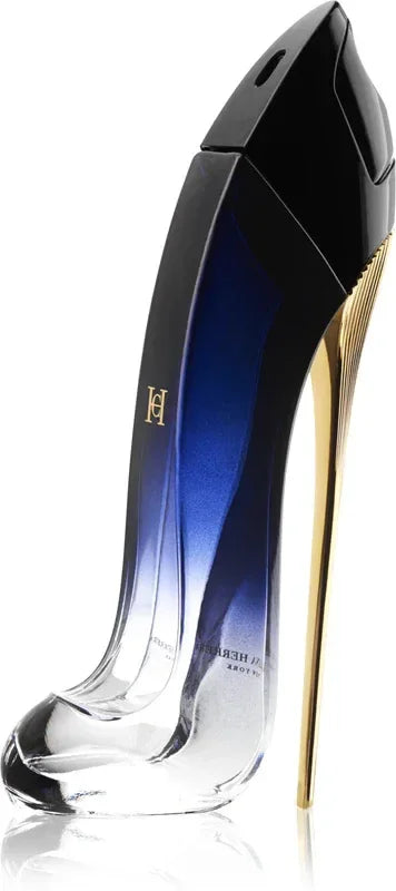 Elegant blue and gold perfume bottle shaped like a high heel stiletto.