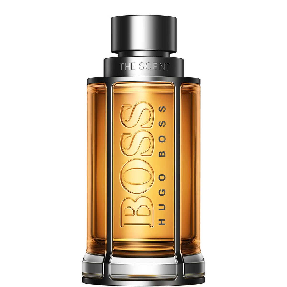 Hugo Boss The Scent perfume bottle, featuring a rectangular amber glass body with a metallic silver cap and base, set against a plain white background. 100ml