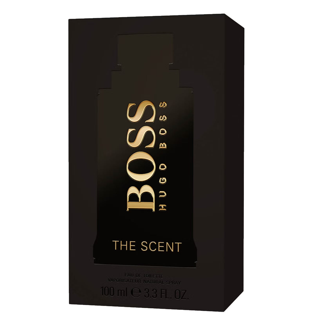 Hugo Boss The Scent Eau de Toilette box in black with gold lettering, shown on a plain white background. 100ml