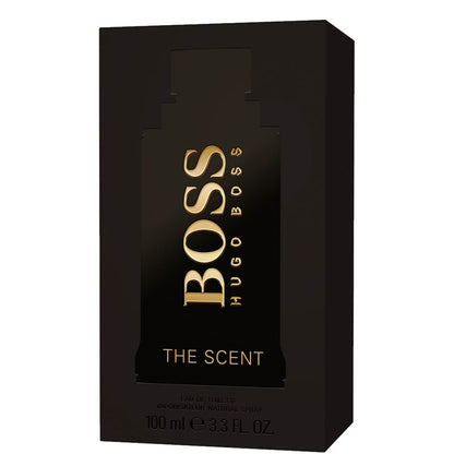 Hugo Boss The Scent Eau de Toilette box in black with gold lettering, shown on a plain white background. 100ml