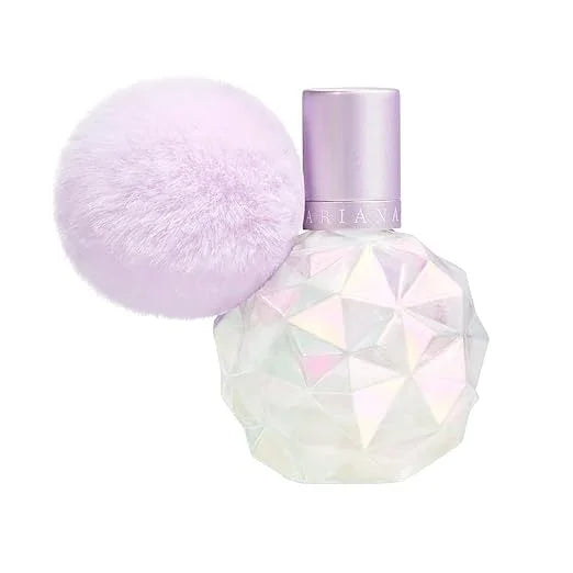 Perfume bottle with iridescent design and purple cap on a white background