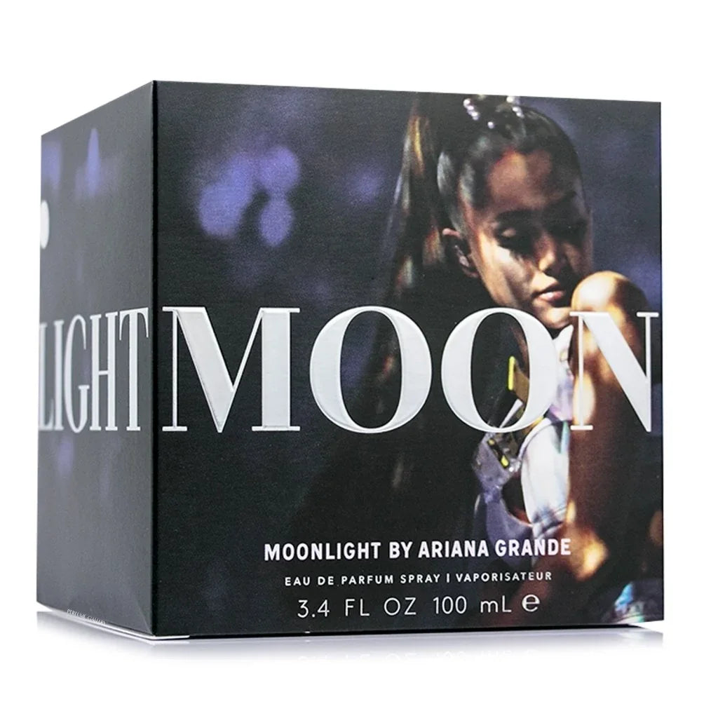 Perfume box for 'Moonlight' by Ariana Grande with a model on the packaging.