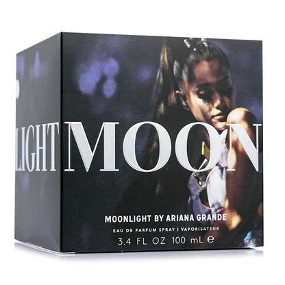 Perfume box for 'Moonlight' by Ariana Grande with a model on the packaging.