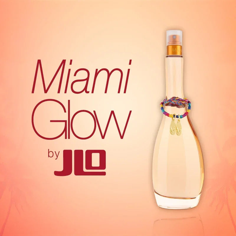 Miami Glow by JLO perfume bottle on a peach background with the product name in red text.
